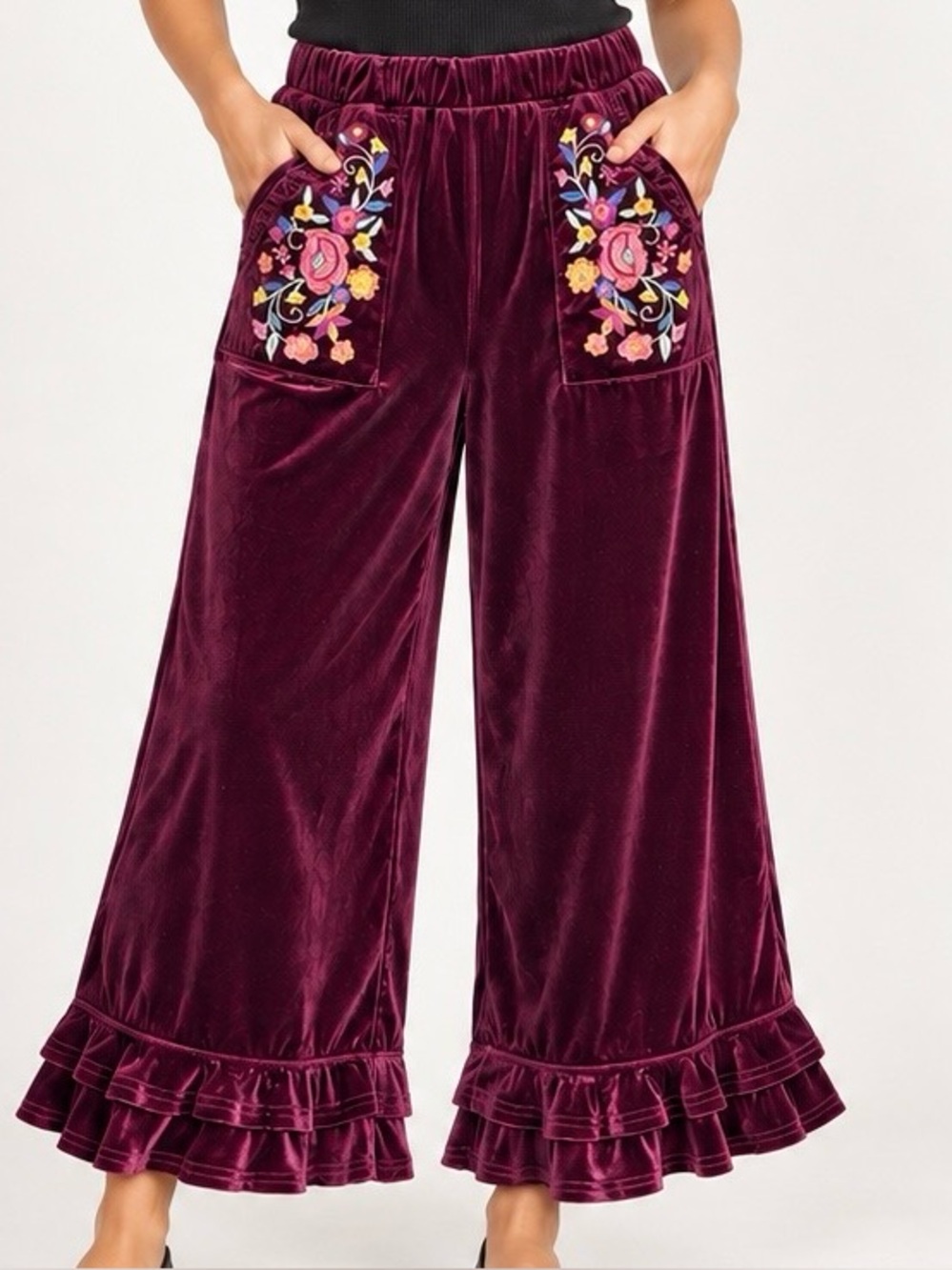 Umgee Burgundy Velvet Embroidered Wide Leg Pants L NWT